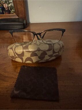 Coach Beige and Brown Monogram Glasses Case with Matching Cloth and Frames